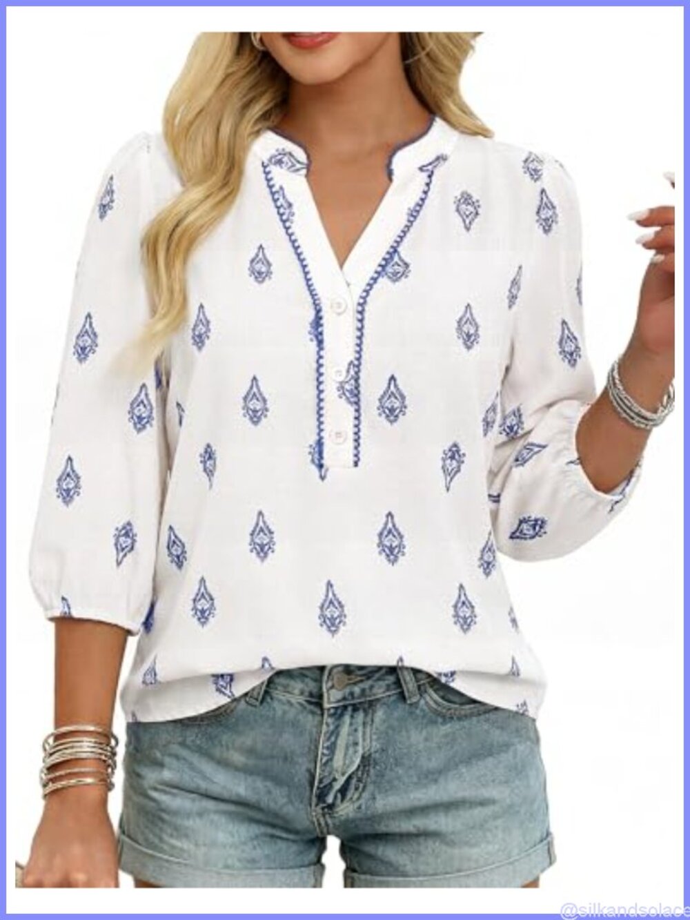 Boho Floral Blouse V Neck Button Up 3/4 Sleeve Tunic Top